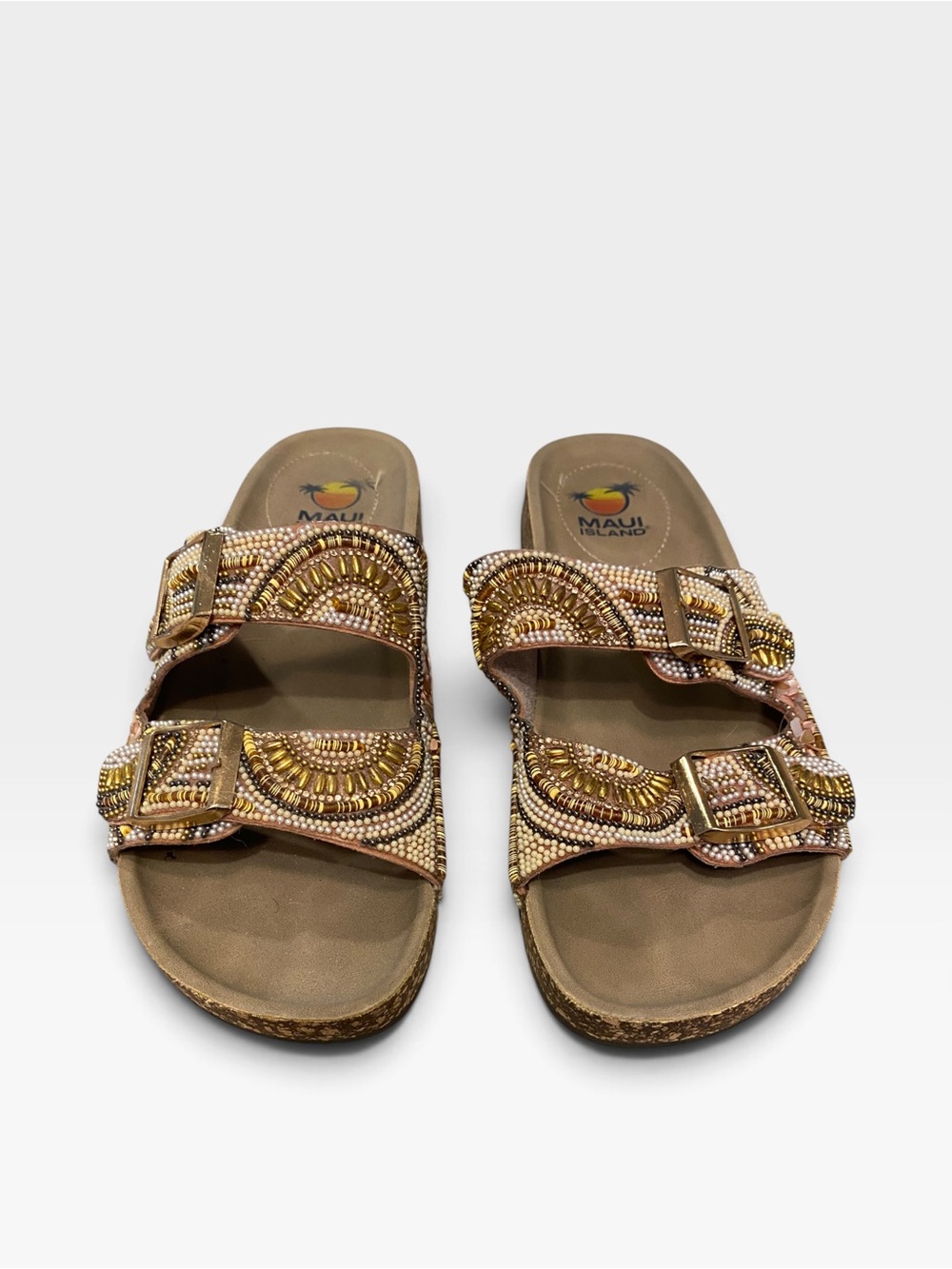 MAUI ISLAND Beaded Double-Buckle Slide Sandals in Gold and Tan